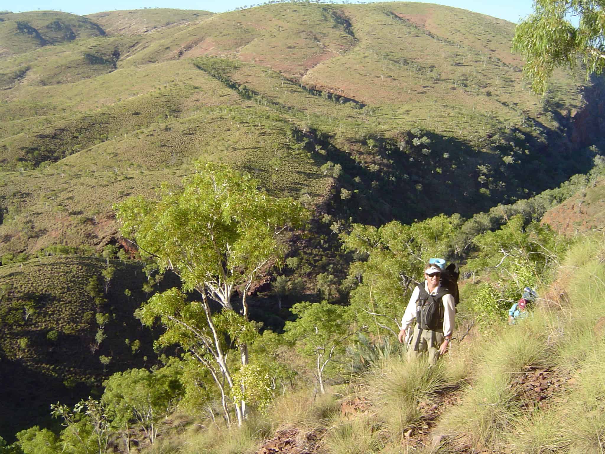 Man hiking in vast landscape.