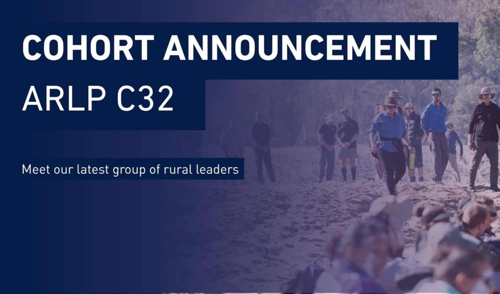 Banner says Cohort announcement: ARLP C32 in big white letters on a navy background. Behind the text a faded image shows seven people in blue shirts partaking in a smoking ceremony from a previous program